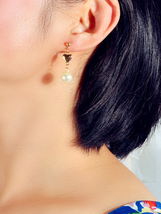 Pearl Earrings Gold Heart - Wedding Anniversary Gift Jewelry