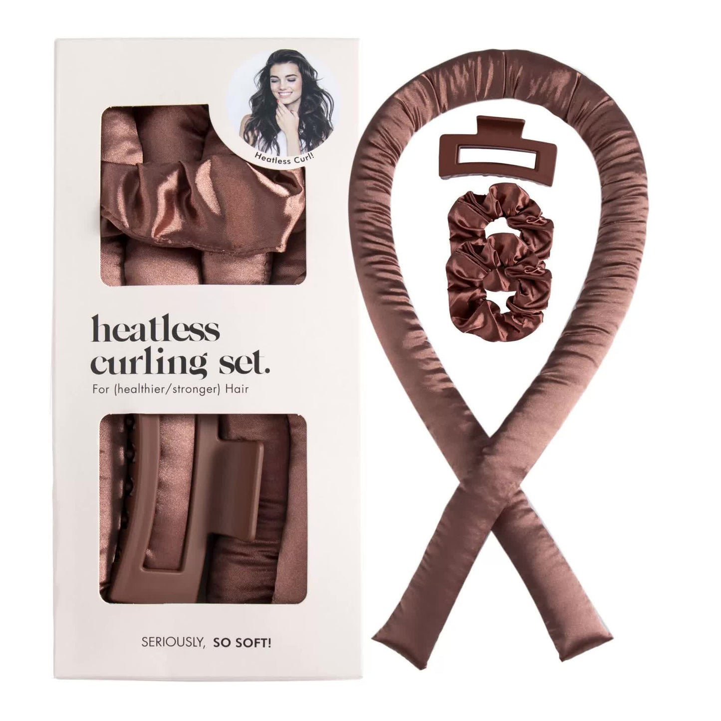 NNEDSZ 5PCS Brown Heatless Hair Curling Set with Scrunchie and Hair Clip - Silk Curling Ribbon